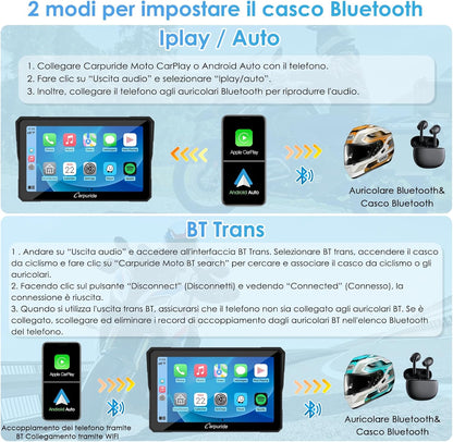 Carpuride W702B Motorfiets Carplay Scherm met Custom Mount voor BMW Motorbike, Wireless CarPlay en Android Auto, Draagbaar 7 inch Waterdicht Touchscreen, Dual Bluetooth, Navigatie, Siri.