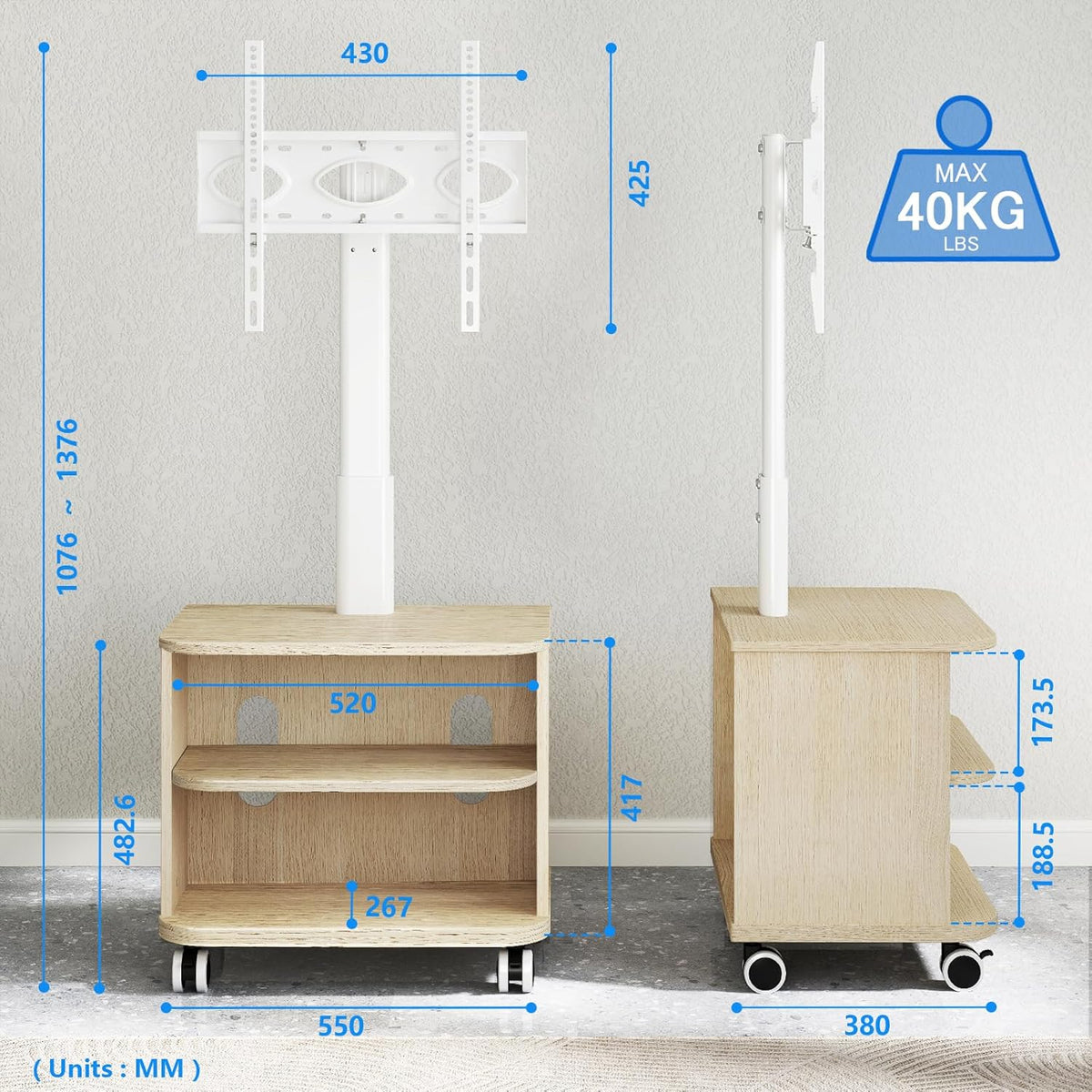 5Rcom Witte TV-standaard op wielen voor 32-65 inch LED LCD OLED plasma platte gebogen tv's, in hoogte verstelbare tv-kast met beugel tot 40 kg, mobiele tv-standaard met houten planken Max VESA