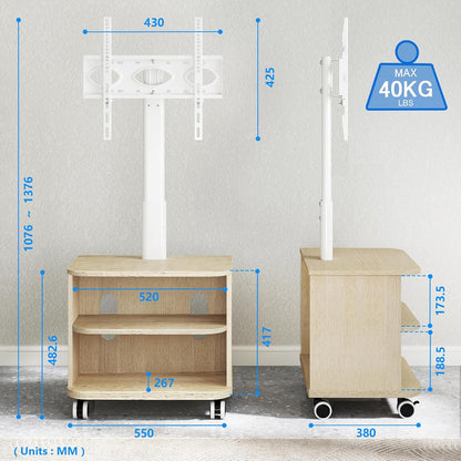 5Rcom Witte TV-standaard op wielen voor 32-65 inch LED LCD OLED plasma platte gebogen tv's, in hoogte verstelbare tv-kast met beugel tot 40 kg, mobiele tv-standaard met houten planken Max VESA