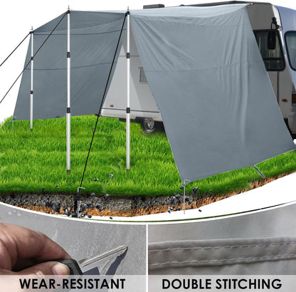Voortent Caravan Met Rail 4 x 2,4 m (4-7 mm), Zonnezeil, Drie Zijden Tarp Met Stangen, Stormband voor Voortent, Campingaccessoires