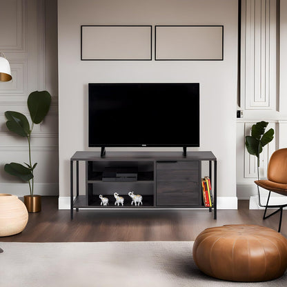Hanah Home Industriële tv-standaard, donkerbruin en zwart, 120 cm x 48 cm x 35 cm, 100% melamine gecoat particle board, 18 mm dik, stijlvol en functioneel met cijferplanken