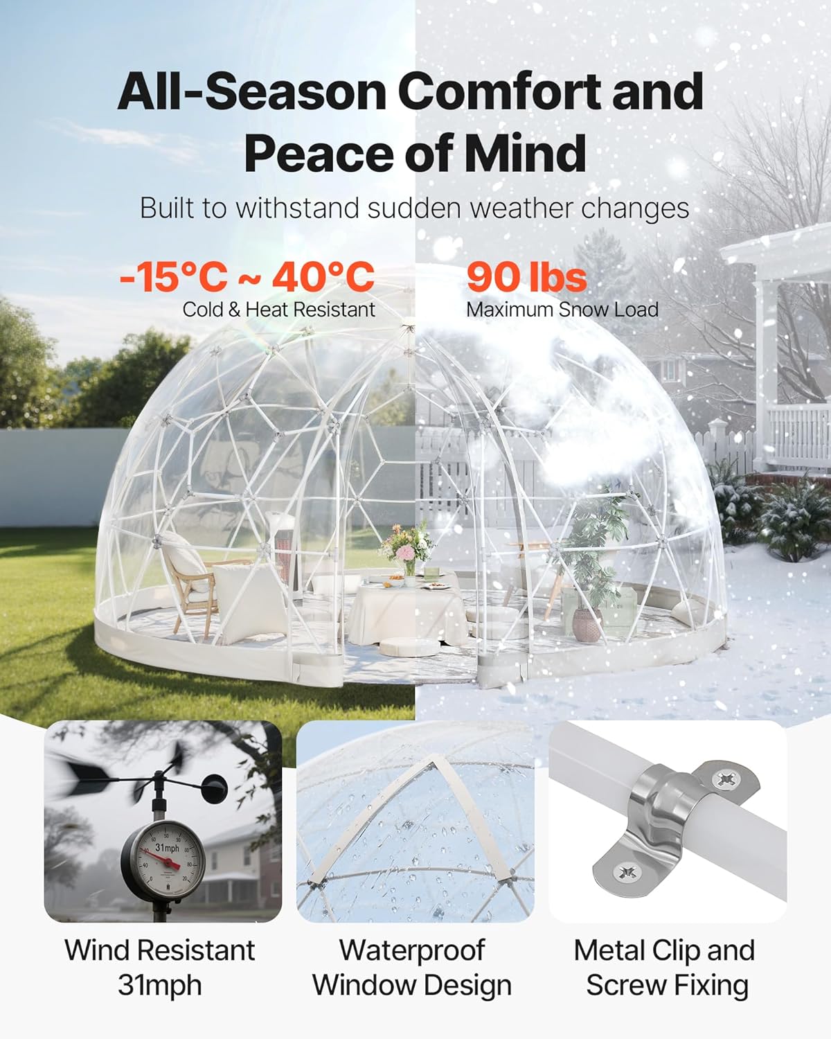 VEVOR Igloo Tuinkoepel, 3,7 x 2,2 m, transparante bubbeltent voor 4-7 personen, weerbestendig, geodetische koepelkas, pvc-iglotent voor tuin, terras, camping, feest