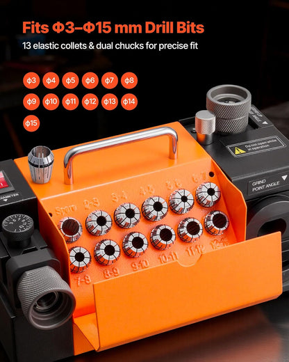 VEVOR MR-13A+ boorslijper, 3-15 mm met instelbare punthoek van 95° tot 135°, 5800 omw/min, hoge snelheid slijpmachine met 13 klemmen en CBN-wiel voor werkplaatsen, garages