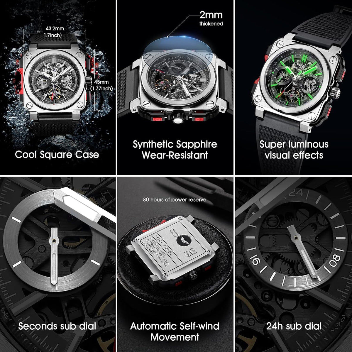 FEICE Hoekse Herenhorloge Mechanische Automatische Herenhorloge Saffierglas Skelet Wijzerplaat Waterdicht tot 10 ATM - FM507