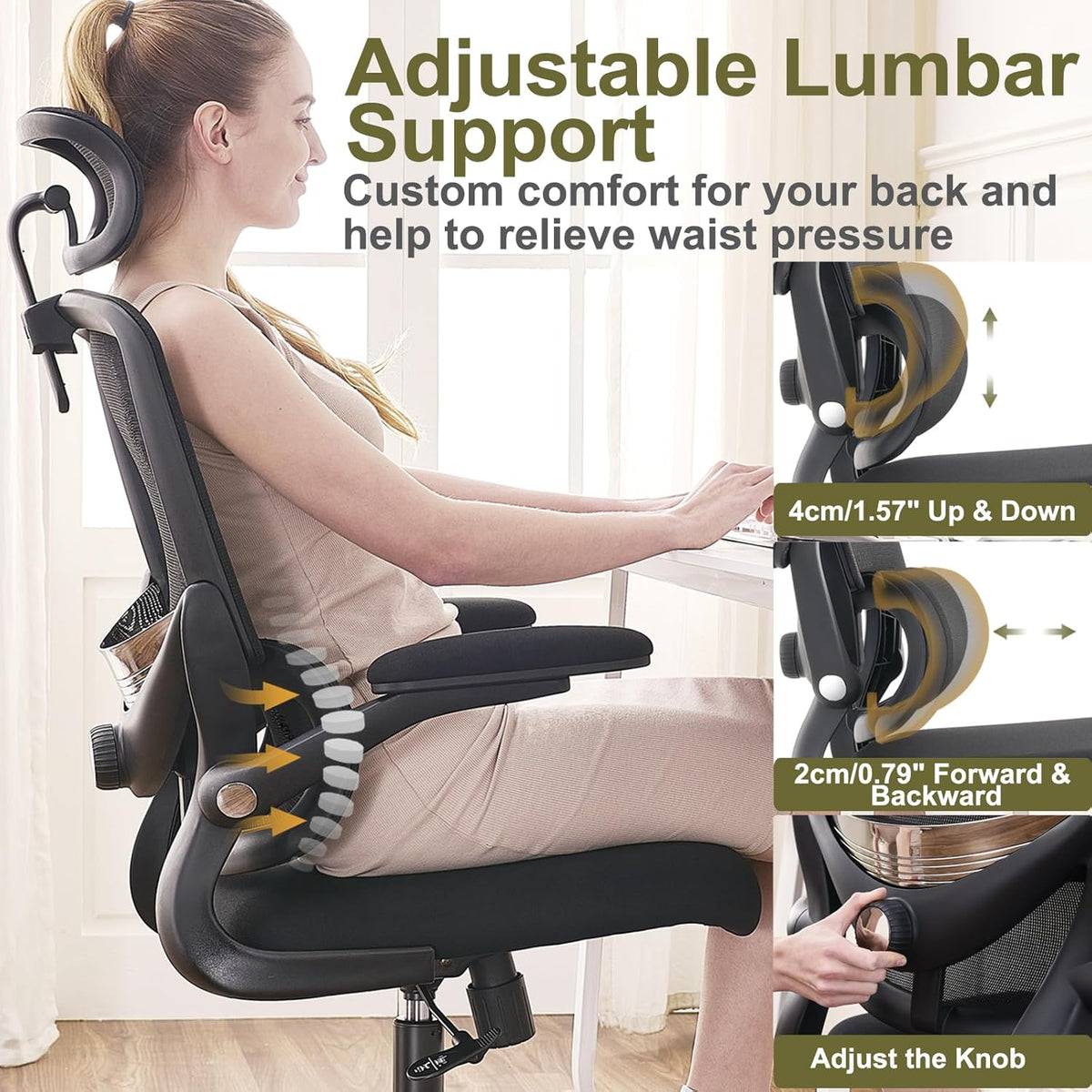 Ergonomic Office Chair, Swivel Office Chair with Mesh High Backrest, Adjustable Lumbar Support, Folding Armrests, Detachable Headrest, Space Saving, 155-185cm, up to 150kg