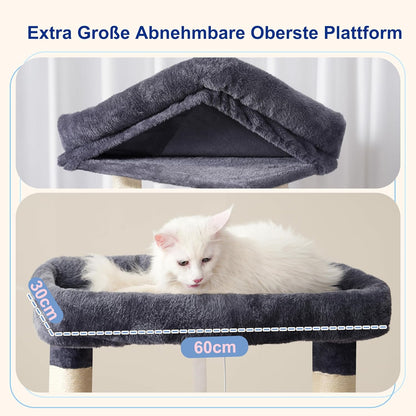 Large Cat Scratching Post for Large Adult Cats, 174 cm Cat Scratching Post with Hammock, 2 Large Sitting Bars, 2 Cat Caves, 15 Scratching Bars, Smoke Grey GCT033G - QUORE