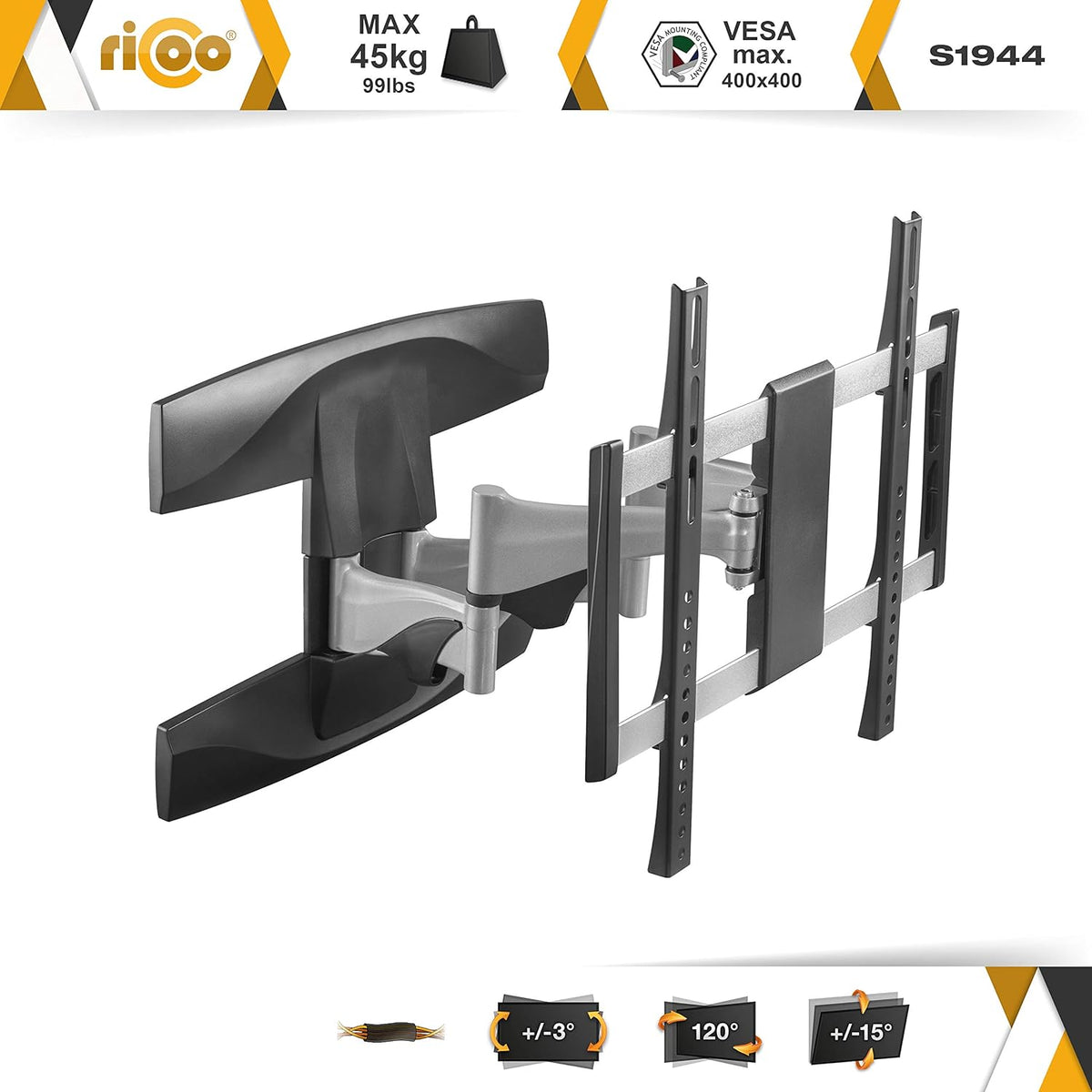 RICOO TV muurbeugel televisie zwenkbaar en kantelbaar voor 40-65 inch, universele tv-houder S1944, televisiehouder voor muur, wandhouder televisie 55 inch tot 45 kg met max. VESA 400x400 mm