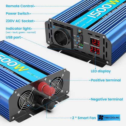 Omvormer Zuivere Sinus 1500W Spanningsomvormer 12v 220v 230v met LED-scherm, EU stopcontacten,USB-poorten Stroomomvormer Piek 3000W