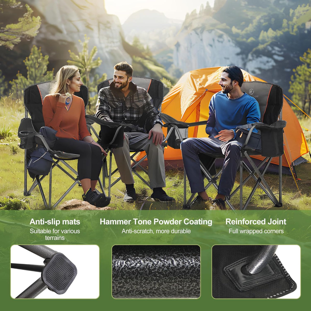 LET'S CAMP Campingstoel, klapstoel, opvouwbaar, oversized visstoel met bekerhouders, koeltas, vouwstoel, outdoorstoel, tot 200 kg, set van 2