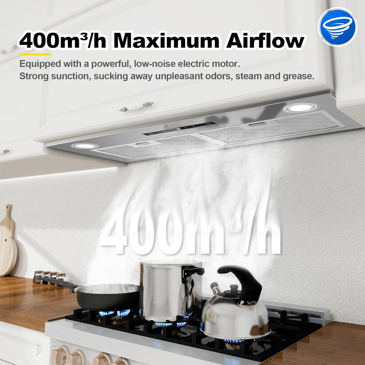 Inbouwafzuigkap van 72 cm, 400 m³/u Afzuigkap, 3 snelheden en boosterfunctie, aanraakbediening, gebarenbediening, ledverlichting, afzuiging en recirculatie