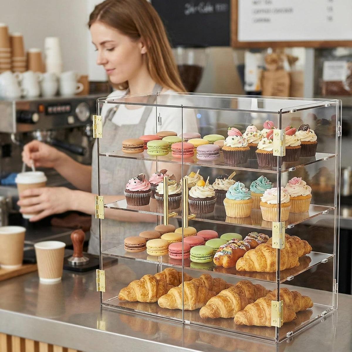 4-laags bakkerij vitrine met elastische automatische deur, 19,5 "x 19,75" x 19,75" x 10,35" acryl helder gebak vitrine aanrecht vitrinekast voedseldoos voor brood dessert koekjes bakken