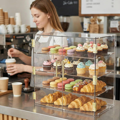 4-laags bakkerij vitrine met elastische automatische deur, 19,5 "x 19,75" x 19,75" x 10,35" acryl helder gebak vitrine aanrecht vitrinekast voedseldoos voor brood dessert koekjes bakken