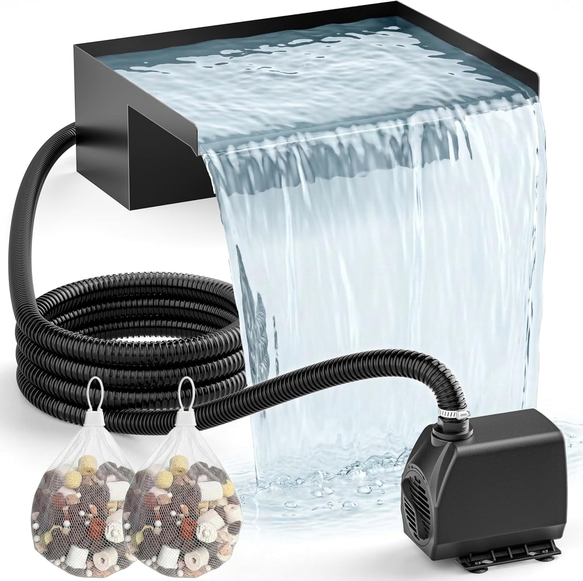 Watervalkit voor Vijver 30 cm: Set met Watervaluitloop in RVS 304, Pomp 2500 L/h, Vorstbestendige Slang 3 m en Kabel 5 m – Complete Fonteinkit