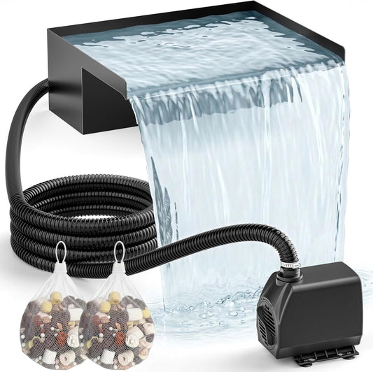 Watervalkit voor Vijver 30 cm: Set met Watervaluitloop in RVS 304, Pomp 2500 L/h, Vorstbestendige Slang 3 m en Kabel 5 m – Complete Fonteinkit