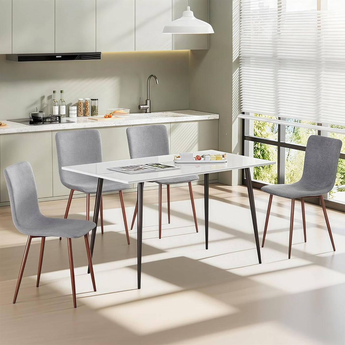 CangLong Set of 4 Dining Chairs, Retro Upholstered Kitchen Chairs for Kitchen, Dining Room, Modern Fabric Lounge Chairs with Metal Legs, Grey - QUORE