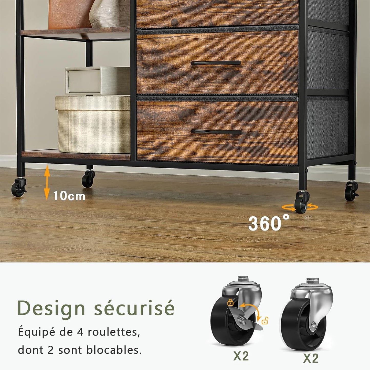 Kledingkast, Kledingrek, Verrijdbaar Kledingrek met Lades, voor Slaapkamer, Open Kledingkast voor Hangende Kleding, Hangrail, Verstelbare Planken, Haakjes, Stalen Frame, Rustiek Bruin