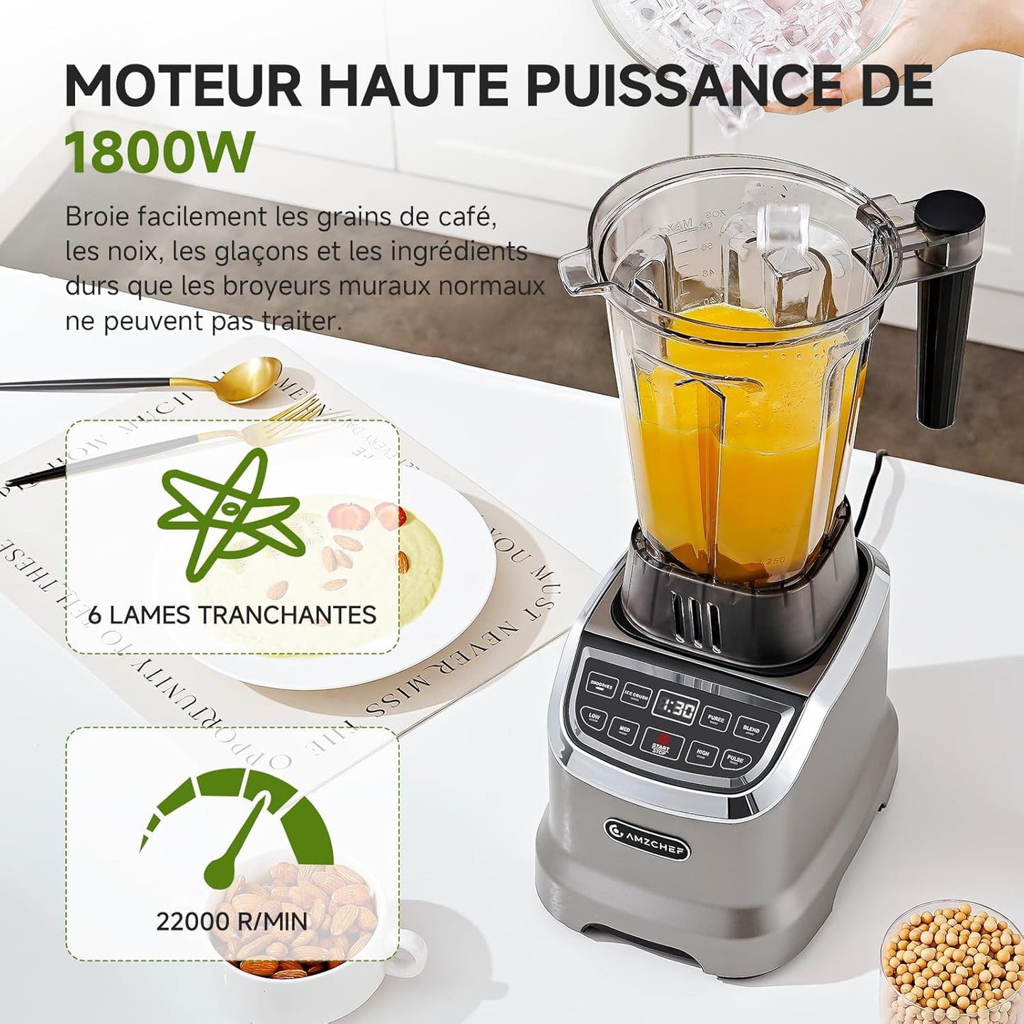 AMZCHEF Professionele smoothiemixer 1,85 liter met 6 messen, 600 ml, BPA 1,85 l en 600 ml individuele glazen mixer voor 2 mengmodi 1800 W