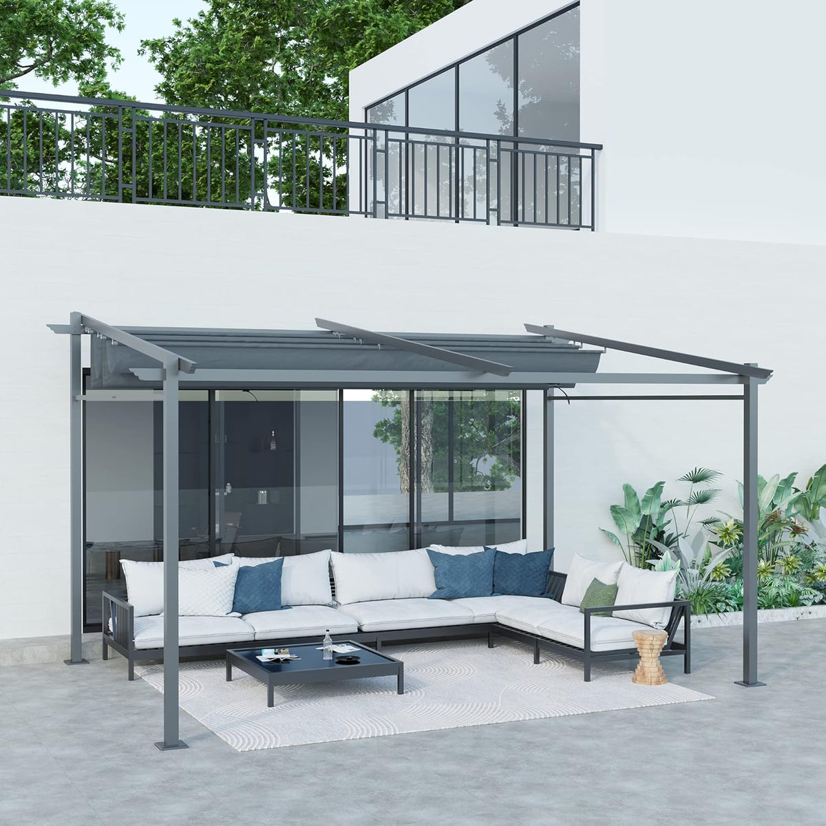Outsunny Terrassendach Pergola approx. 4x3m Terrassendachung Garten Pavillon Aluminium, Wall-mounted, Gartenpavillon mit Verstellbares Dach, UV Schutz, Sonnenschutz für Terrasse und Garten, Dunkelgrau - QUORE