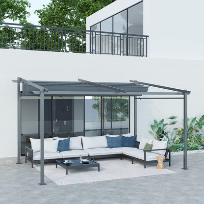 Outsunny Terrassendach Pergola approx. 4x3m Terrassendachung Garten Pavillon Aluminium, Wall-mounted, Gartenpavillon mit Verstellbares Dach, UV Schutz, Sonnenschutz für Terrasse und Garten, Dunkelgrau - QUORE