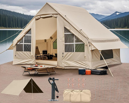 Opblaasbare campingtent met luifel, huttent, voor 4-6-8 personen, glamping tent, zononderdak, eenvoudige opbouw, waterdichte outdoor Oxford-tent, opblaasbare huistent met picknickdeken