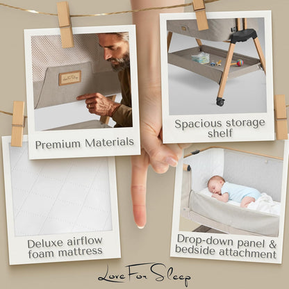 Love For Sleep SnooBee Next To Me bijzetbed & kinderbed, vrijstaand, 6 hoogteniveaus, wielen, matras, zijkanten van ademend mesh met muggennet, opvouwbaar met tas (0-6 maanden), kaki / grenen