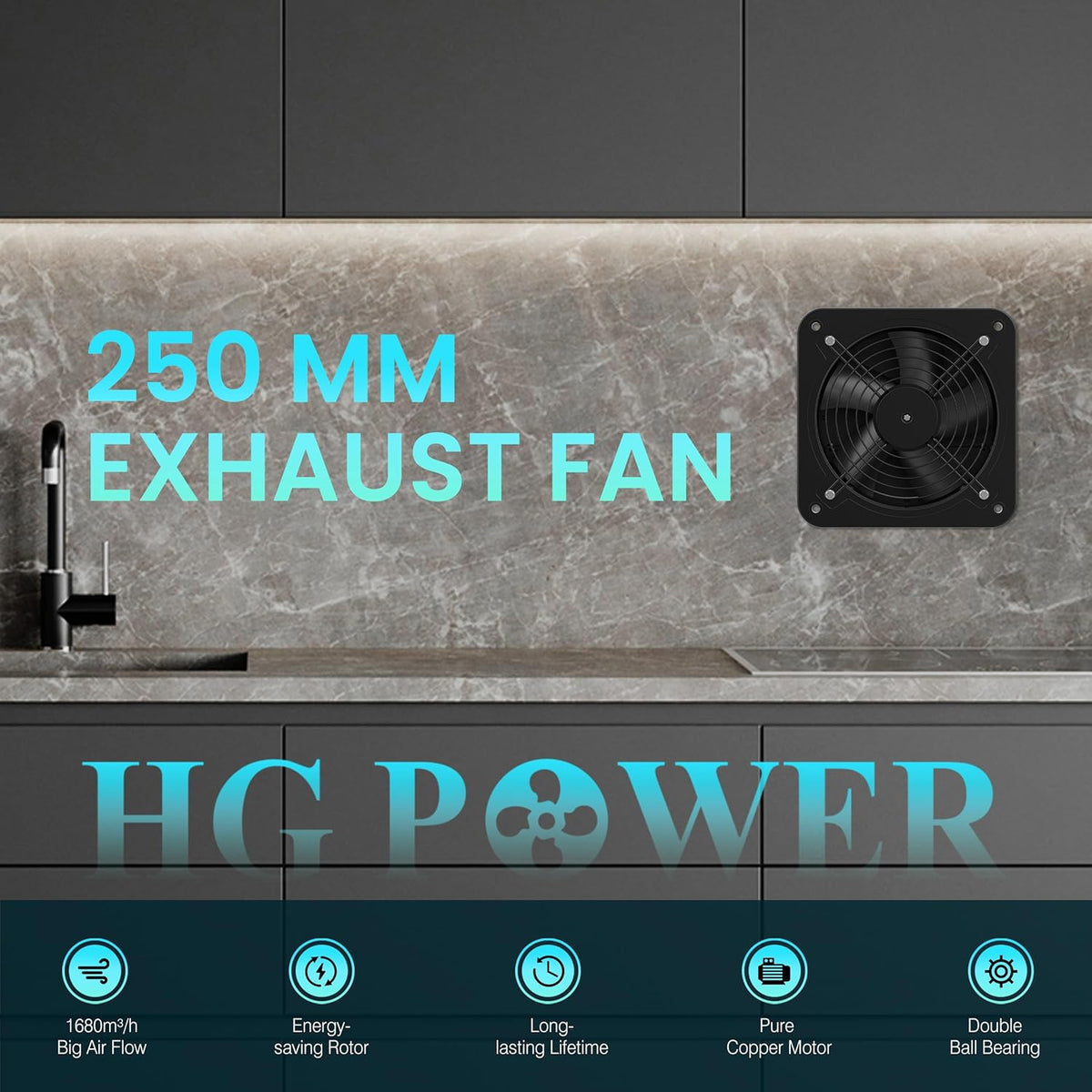 HG Power Afzuigventilator, 250 mm, 1680 m³/uur, badkamer, stil, met terugslagklep, snelheidsregelaar, stopcontact, 74,5 W, industriële ventilatie voor keuken, garage, kelder, kantoor, zwart