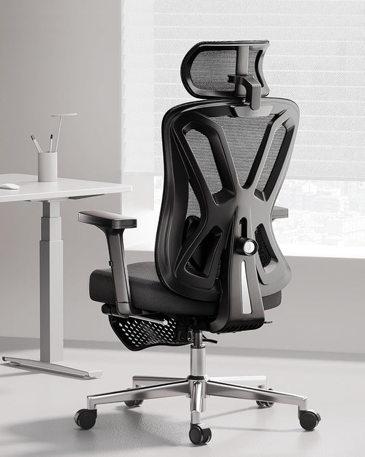 Hbada Ergonomische bureaustoel bureaustoel met verstelbare hoofdsteun en lendensteun, comfortabele veerkussen, ondersteuning computerstoel kantelfunctie, draaibare mesh-stoel met voetsteun