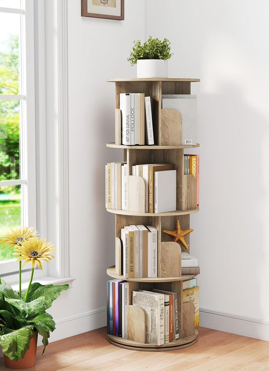 Rotating Bookshelf 360° Rotatable Bookcase for Kids Room Freestanding Rotating Bookcase Multifunctional Display Organizer for Home Study Bedroom (4 Tier | Oak | - QUORE
