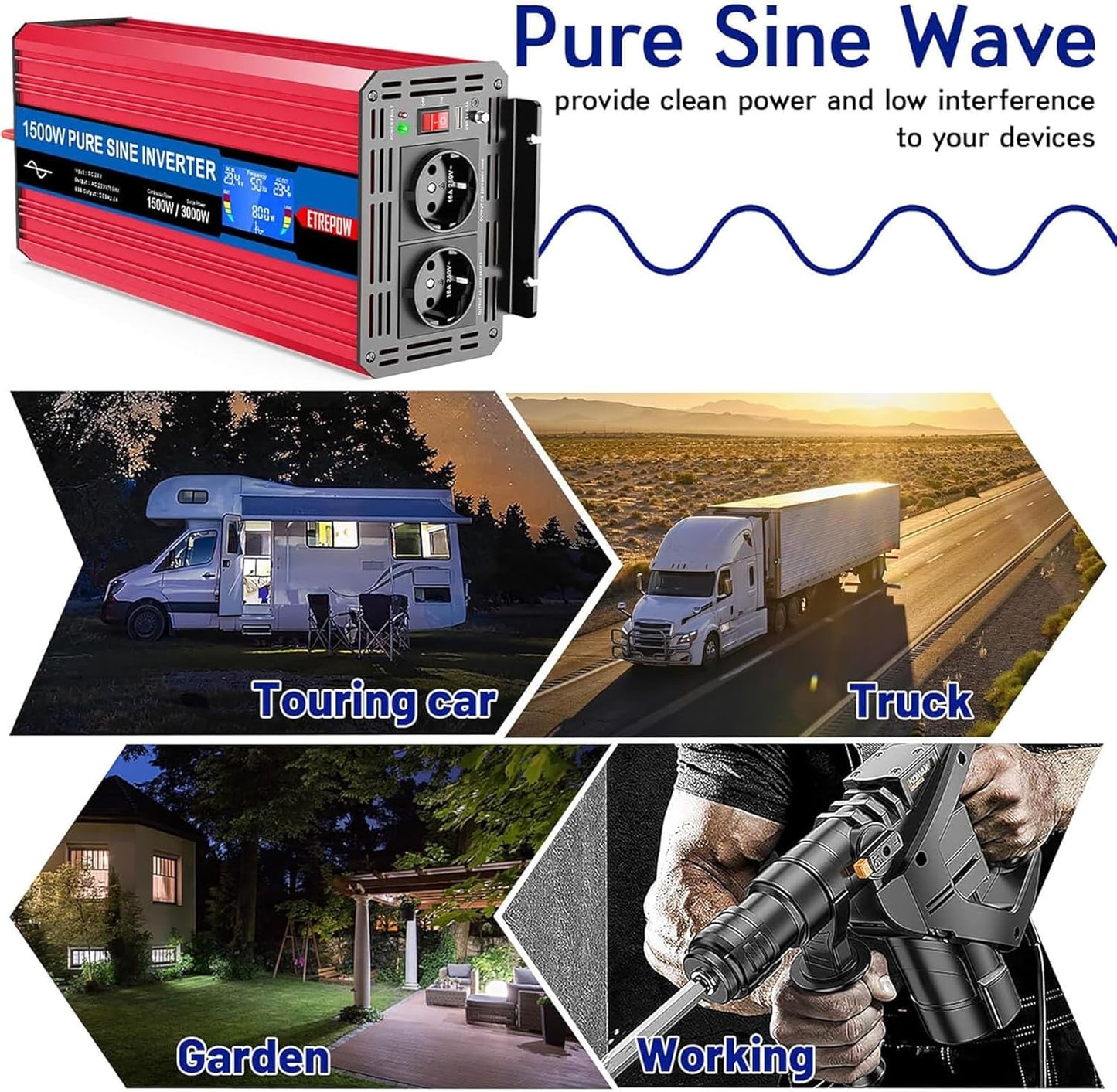 Omvormer 1500W /3000W 24V naar 230V Pure Sinus Volt ETREPOW Auto spanningsomvormer Omvormer Converter Pure Sine Wave Power Inverter DC AC omvormer (Draadloze afstandsbediening, display)