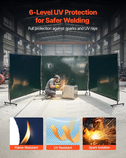 VEVOR Lasscherm met frame, 3 panelen, 15 x 20 cm, vlambestendig vinyl, veiligheidsschermen met 12 wielen en 6 niveaus uv-bescherming voor werkplaats/industrieel gebruik, donkergroen