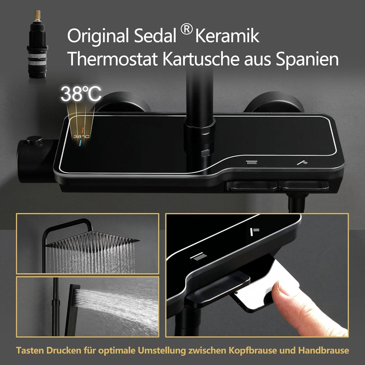 Douchekraan – Douchemengkraan – Douchethermostaat – Doucheset – Thermostaatkraan – Zwart – Roestvrij Staal 304 – Grote Regendouche 20x20 cm
