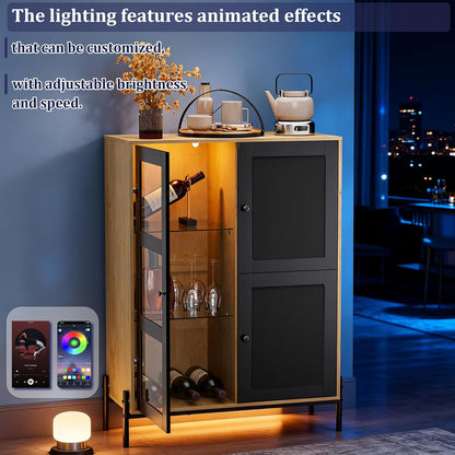 Wijnkast – Wijnrek – Drankkast – Kast – Servieskast – Hout & Vlechtwerk – 82x35x107,5 cm – LED-Verlichting Met 16 Kleuren