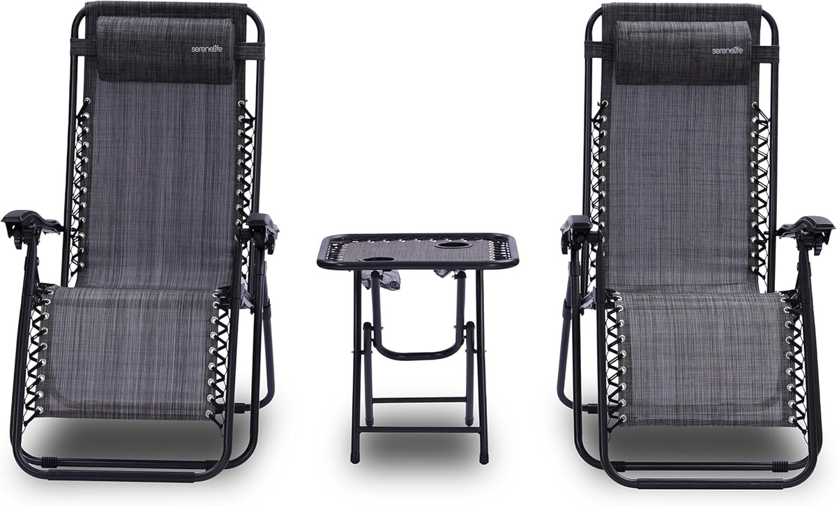 Serenelife Sun Lounger, Set of 2 Sun Loungers - Adjustable Garden Loungers with Side Table, 2 Cup Holders and Removable Cushions - Foldable and Portable Lounge Chairs for Terrace,Garden,Beach - Anthracite - QUORE