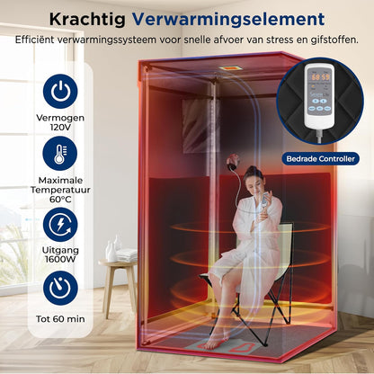 SereneLife Draagbare Sauna voor Thuis-Infrarood Saunatent met Verwarmd Voetkussen en Opvouwbare Stoel-Saunabox-Compacte Persoonlijke Detox Sauna- Afstandsbediening voor Thuis Spa, 90 x 180 cm-Zwart