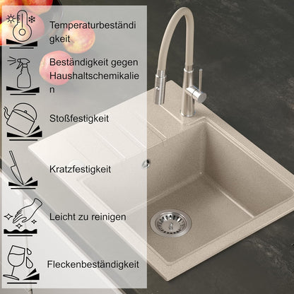 Quadron Granieten gootsteen, afmetingen 62 x 50 x 20 cm, kleur: beige en staal, PETER 116 enkele gootsteen, granieten spoelbak, met handmatige sifon en afdruipvlak