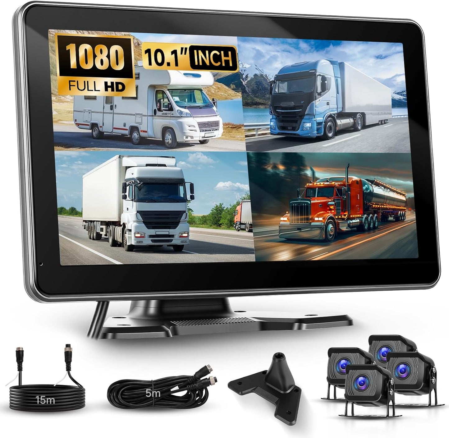 Achteruitrijcamera, 10,1 inch, IPS HD, 1080P, kleurenmonitor en 4 camera's, achteruitrijcamera met BSD DVR-opname, nachtzicht, dodehoekwaarschuwing, USB/TF, waterdichte camera voor vrachtwagen, camper