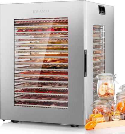Kwasyo Voedseldroger van roestvrij staal, dubbele ventilator, 360 graden efficiënte droogmachine, 15 etages, temperatuurregeling van 30-90 °C, timer 24 uur, oververhittingsbeveiliging, receptenboekje