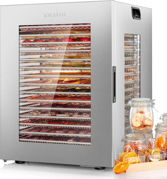 Kwasyo Voedseldroger van roestvrij staal, dubbele ventilator, 360 graden efficiënte droogmachine, 15 etages, temperatuurregeling van 30-90 °C, timer 24 uur, oververhittingsbeveiliging, receptenboekje