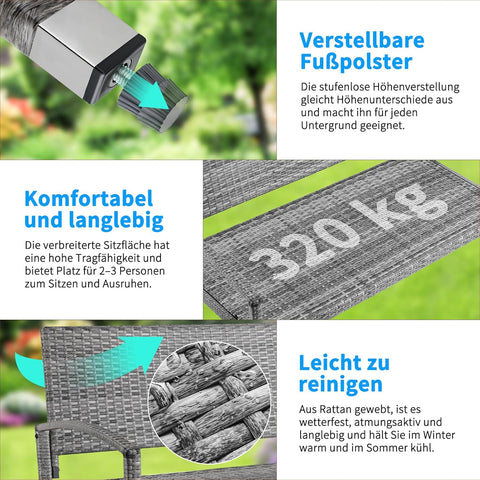 Tuinbank - Buitenbank - Terrasbank - Balkonbank - 2-zitsbank - met Staal Frame - Armsteunen - Tuinmeubelen - voor Tuin - Terras - Balkon - Polyrotan - 122 x 60 x 85 cm - Grijs