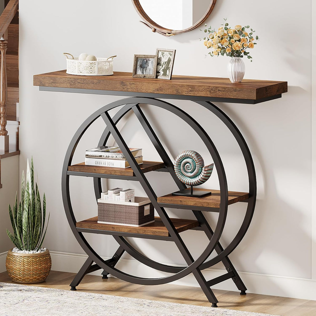 Tribesigns Console Table, 100 cm, Thick Top Industrial Coffee Table, Side Tables with Geometric Metal Frame, for Living Room, Entrance, Rustic Brown