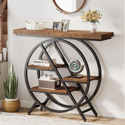 Tribesigns Console Table, 100 cm, Thick Top Industrial Coffee Table, Side Tables with Geometric Metal Frame, for Living Room, Entrance, Rustic Brown