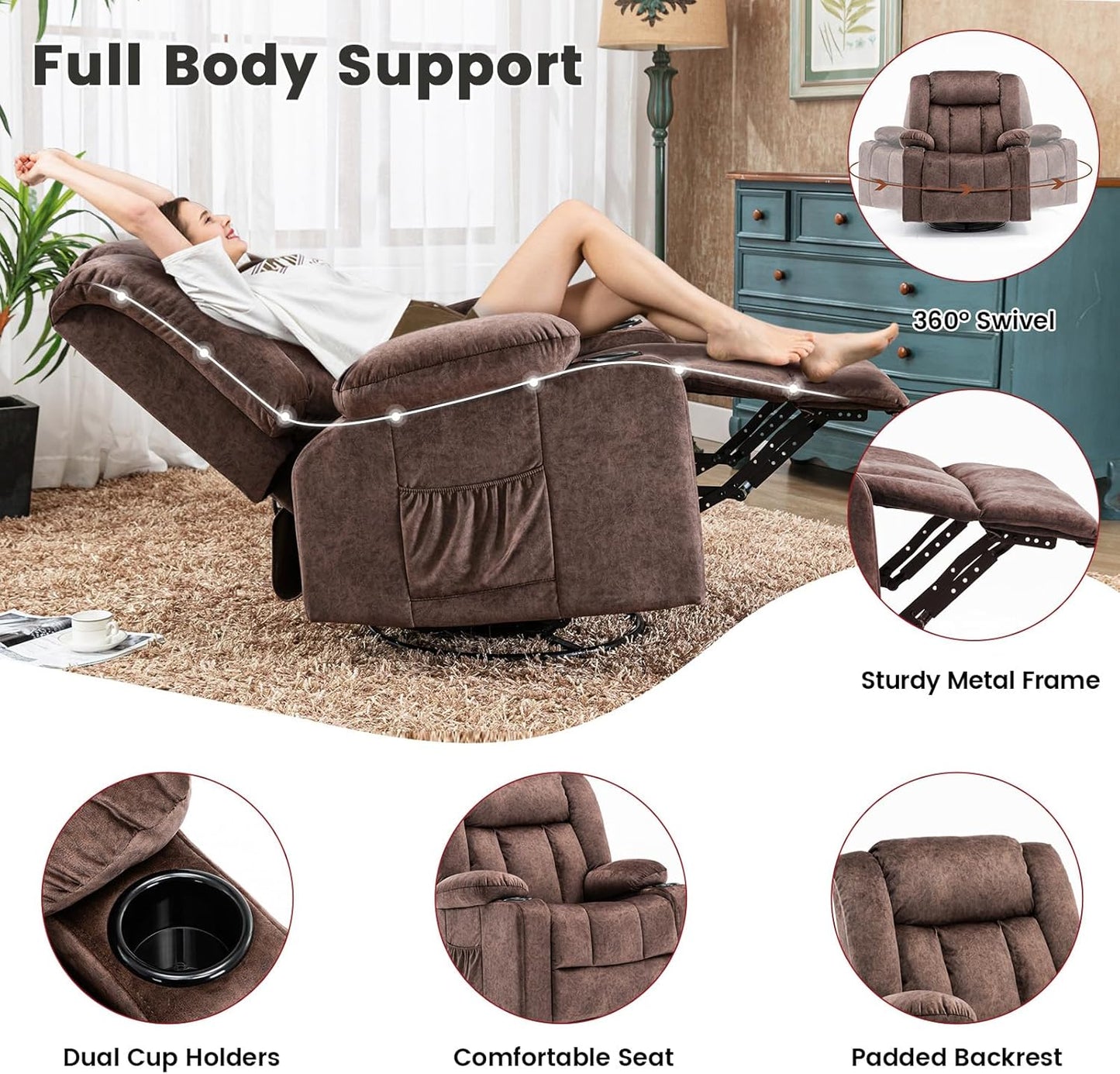 Relaxfauteuil – Relaxstoel – Lounge Chair – Fauteuil – Verstelbare Stoel – 360° Draaibaar – Inclusief Bekerhouders – Stevig Metalen Frame – Bruin – Comfortabele Bekleding – Ergonomisch Ontwerp