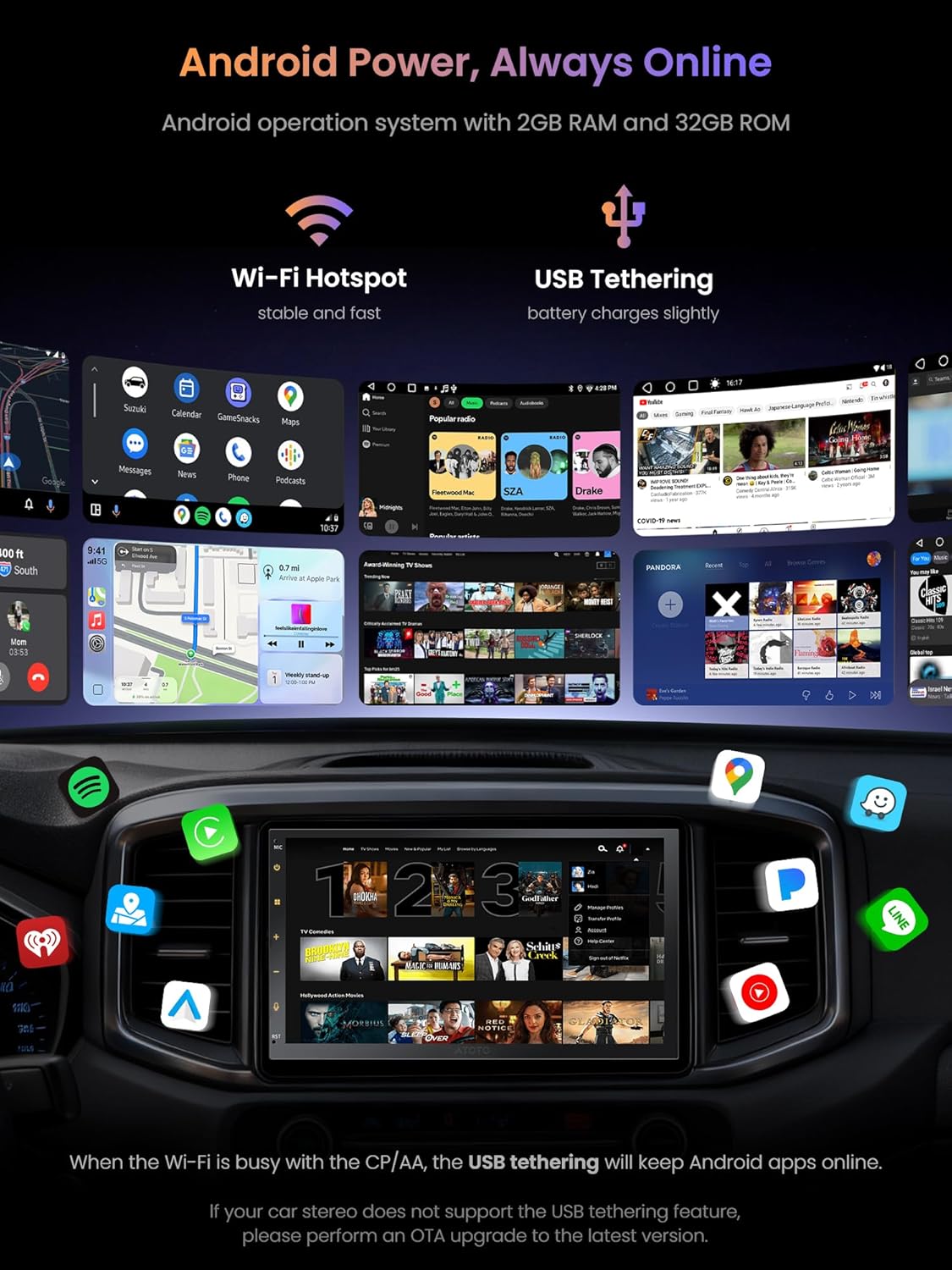 Android Autoradio Dubbele Din, Draadloze CarPlay Android Auto, 7 Inch Touchscreen Autoradio met GPS Navigatie WiFi/BT/SUB, 24-Band EQ, Mirror Link, Achteruitrijcamera, A5LG2B7T-S01