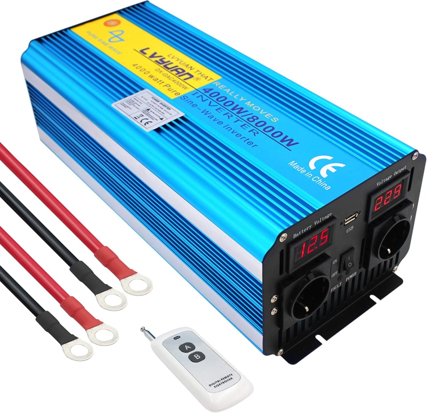 Omvormer, zuivere sinusgolf, 4000 W, 8000 W, transformator van 12 V naar 220 V, 230 V, met afstandsbediening en 2 USB-poorten, 2 leds