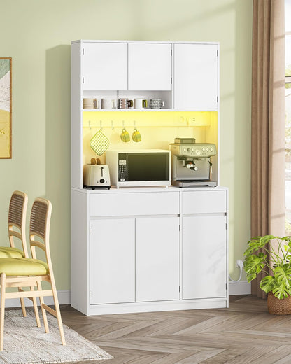 Hzuaneri Kitchen Cabinet, Buffet Cabinet, Tall Cabinet with Sockets and LED Light Strips, with Worktops and Two Drawers, Adjustable Shelves, Kitchen, 40 x 100 x 180 cm, White, PT00203XEU