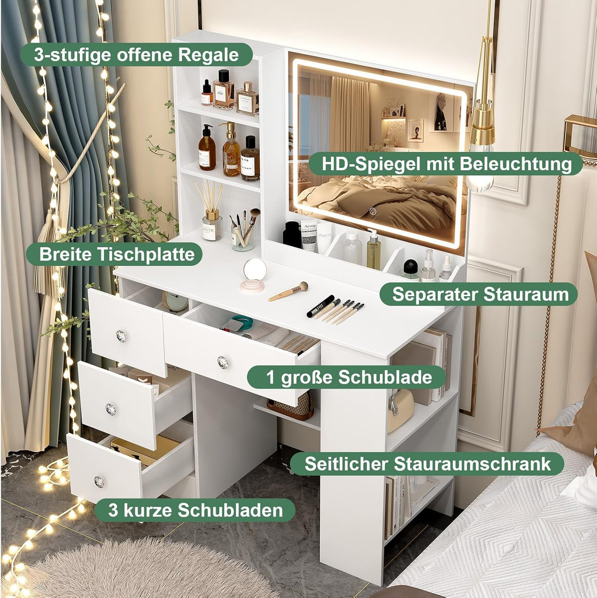 3-in-1 Bureau Kaptafel met LED Spiegel | Multifunctioneel Meubel voor Make-up, Werk & Nachtkastje | Moderne Witte Kaptafel met 4 Lades
