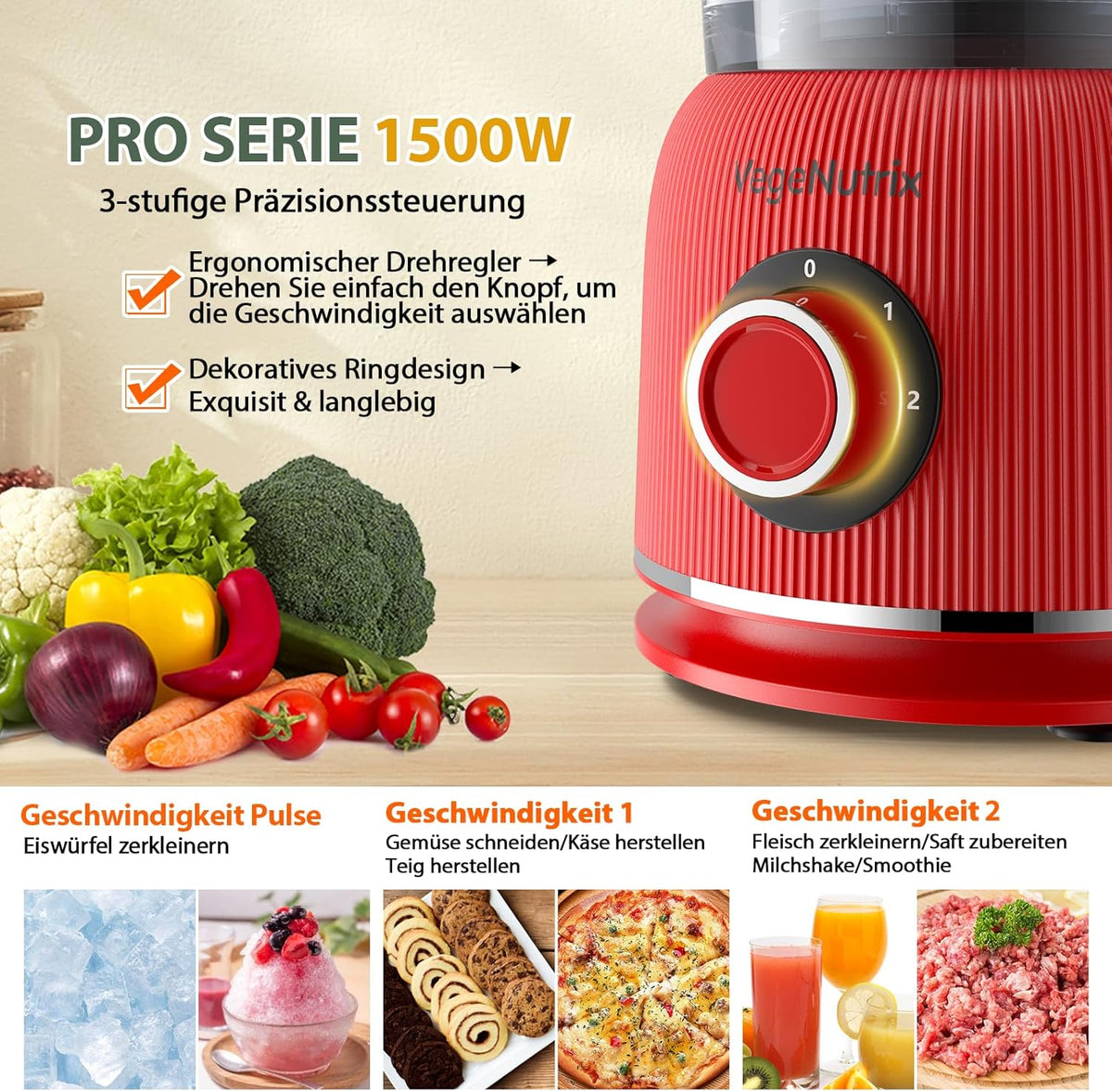 Keukenmachine en mixer combinatie, 2,5 l hakmolen voor vlees, groenten en deeg, 2 l blender met 1500 W glazen reservoir, 2 snelheden en pulsfunctie voor smoothies, voedingsstoffenextractie enz.