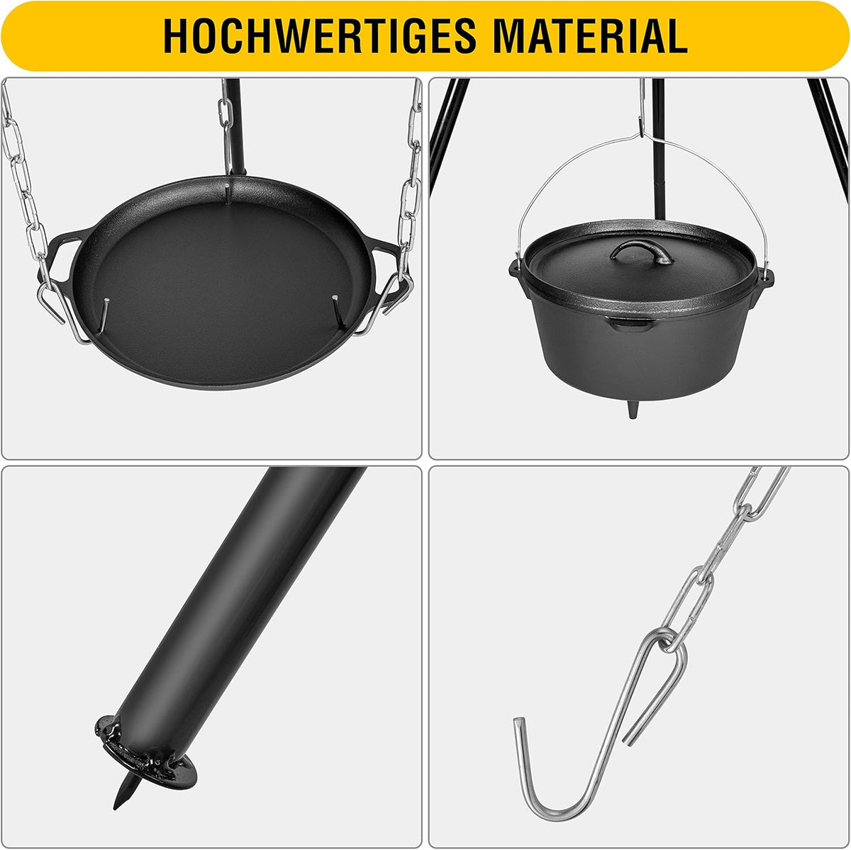 Bruzzzler Zwenkgrill met driepoot, draaibare grill met via kettingtrekkoord in hoogte verstelbaar grillrooster, voor thuis en onderweg, eenvoudig te gebruiken, Dutch Oven als vuurschaal te gebruiken