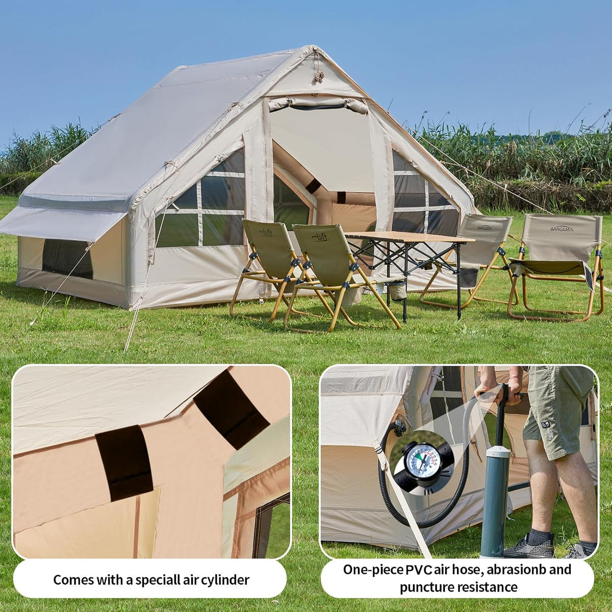 Opblaasbare tent met pomp, 4-6 personen, glamping, campingtenhuis, eenvoudige installatie, waterdichte familietenten voor 4 seizoenen, water- en winddicht, opblaasbare campingtent met gaasvensters