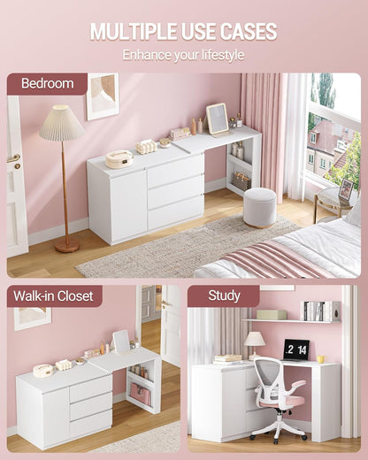 Hzuaneri Dressing Table with Drawers, L-Shaped Corner Dressing Table, Dressing Table with 1 Storage Cabinet and 2 Open Storage Shelves, Bedroom, Living Room, Modern, White DT42803XEU